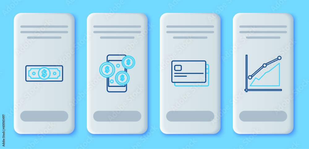 Set line Smartphone with dollar symbol, Credit card, Stacks paper money cash and Pie chart infographic icon. Vector Set line Smartphone with dollar symbol, Credit card, Stacks paper money cash and Pie chart infographic icon. Vector