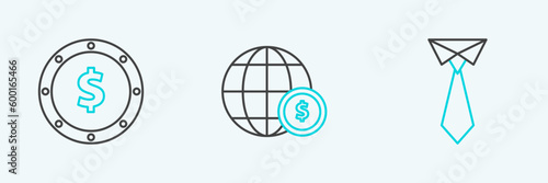 Set line Tie, Coin money with dollar symbol and Earth globe icon. Vector