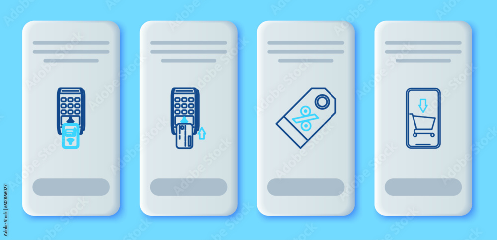 Set line Pos terminal with inserted credit card, Discount percent tag, POS printed reciept and confirms the payment by smartphone and Mobile shopping cart icon. Vector Set line Pos terminal with inserted credit card, Discount percent tag, POS printed reciept and confirms the payment by smartphone and Mobile shopping cart icon. Vector