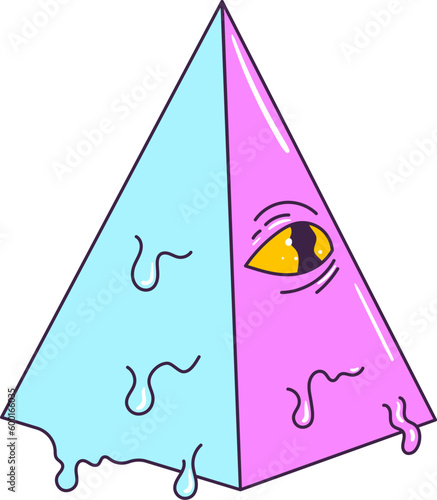 Psychedelic retro cartoon character. Trippy 
pyramid with eyes. Crazy vector illustration.