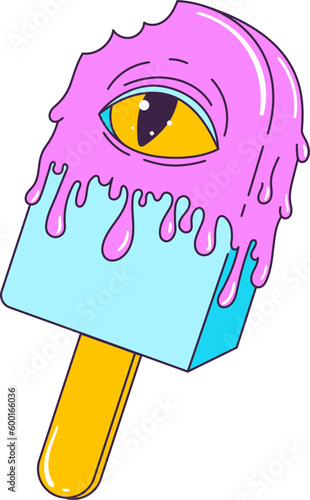 Ice cream psychedelic cartoon character. Vector illustration.