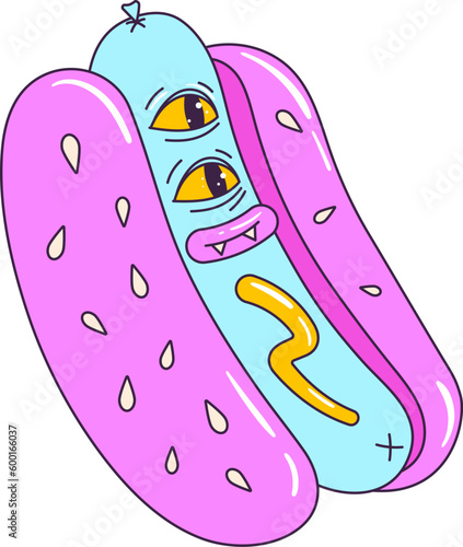 Hot dog psychedelic cartoon character. Vector illustration.