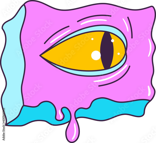 Psychedelic retro cartoon character. Carved trippy eye. Crazy vector illustration.