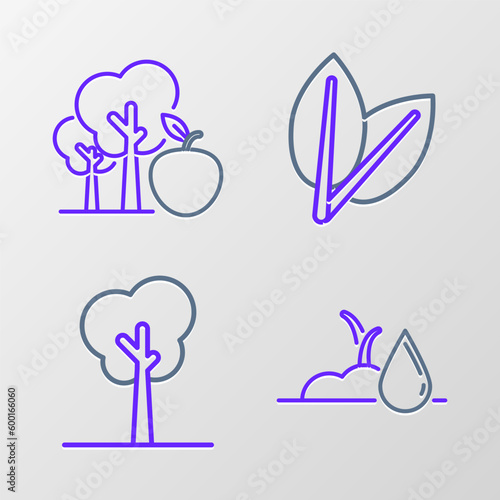 Set line Watering sprout, Tree, Leafs and with apple icon. Vector