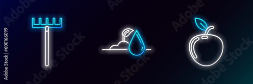 Set line Apple, Garden rake and Watering sprout icon. Glowing neon. Vector