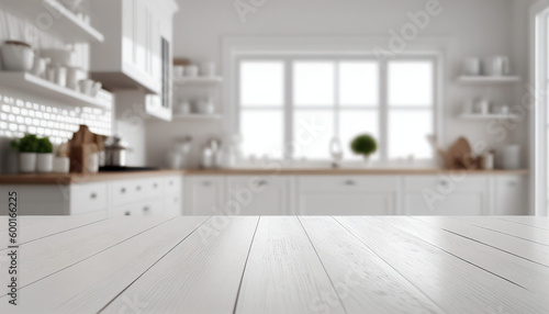 Empty wooden table with kitchen in background