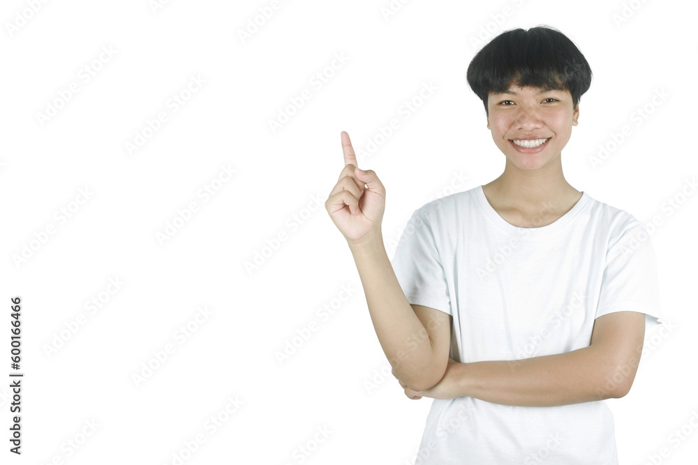 Positive thinking and smiling young woman in white t-shirt pointing fingers up, having great idea or suggestion, indicating at perfect spot for copy space on transparent background. Positive thinking and smiling young woman in white t-shirt pointing fingers up, having great idea or suggestion, indicating at perfect spot for copy space on transparent background.