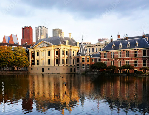 A view of the Dutch parliament building, the Binnenhof, and historic Mauritshuis in Den Haag, Netherlands.  