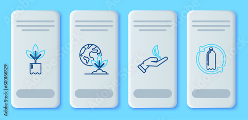 Set line Earth globe and plant, Sprout in hand of environmental protection, Plant bottle and Recycling plastic icon. Vector