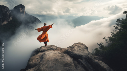 A mysterious Shaolin monk performs martial arts on a mountaintop in China, with swirling mist and clouds creating a serene ambiance, Generative AI