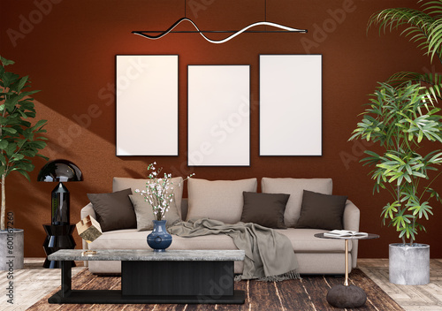 Mock up poster frame in modern interior fully furnished rooms