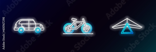 Set line Hang glider, Hatchback car and Bicycle icon. Glowing neon. Vector