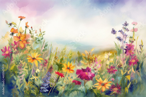 meadow with flowers, watercolor-Ai
