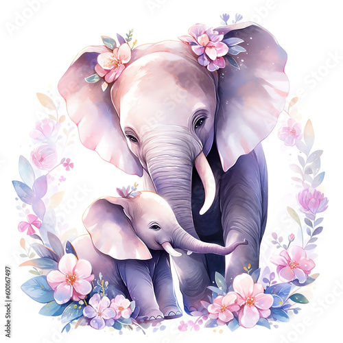 Watercolor drawing of mom and baby in a flower frame 