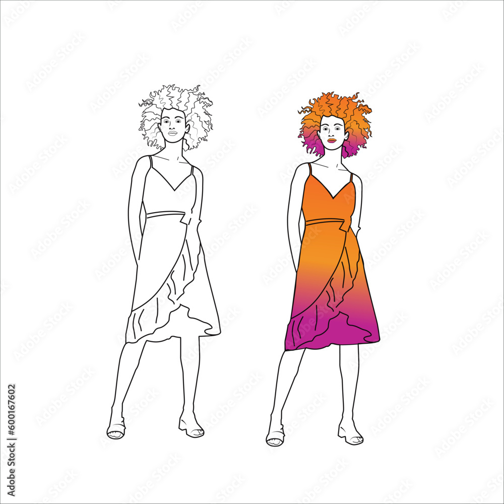 Curly hair girl line art and color gradient Curly hair girl line art and color gradient