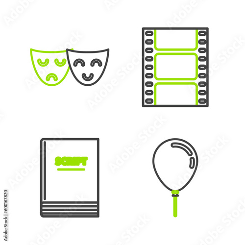 Set line Balloon with ribbon, Scenario, Play Video and Comedy and tragedy theatrical masks icon. Vector