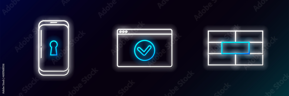 Set line Bricks, Smartphone with lock and Secure your site HTTPS, SSL icon. Glowing neon. Vector Set line Bricks, Smartphone with lock and Secure your site HTTPS, SSL icon. Glowing neon. Vector