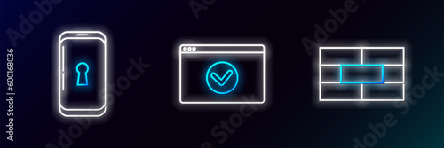 Set line Bricks, Smartphone with lock and Secure your site HTTPS, SSL icon. Glowing neon. Vector