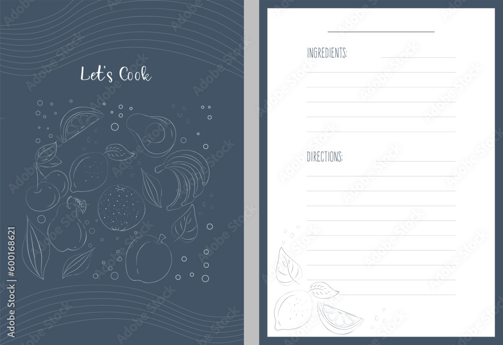 template for recipe book with hand drawn illustrations of fruit