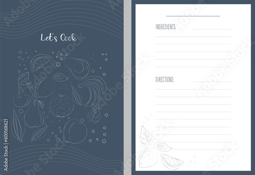 template for recipe book with hand drawn illustrations of fruit