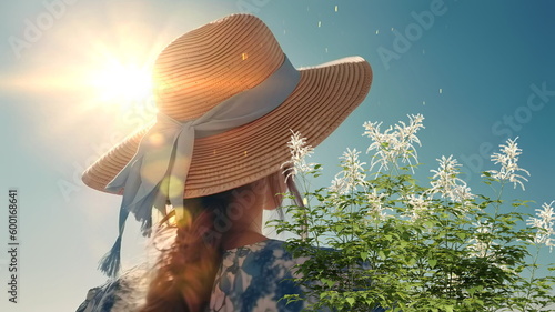 young woman with long hair on wild fiel with sunflowers on front blue sky summer ,generated ainature,generated ai photo