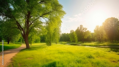 Summer warm landscape with green field and park. High quality illustration Generative AI