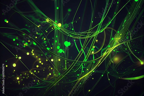 Green neon speed light lines background. Fiber optic Technology. Futuristic wallpaper. banner. Illustration. Generative AI