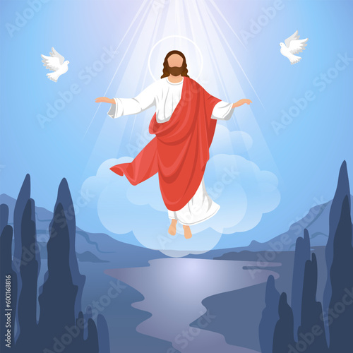 Ascension Day design with Jesus Christ in the sky vector illustration. Illustration of the ascension of Jesus Christ.Jesus in radiance with a halo. photo