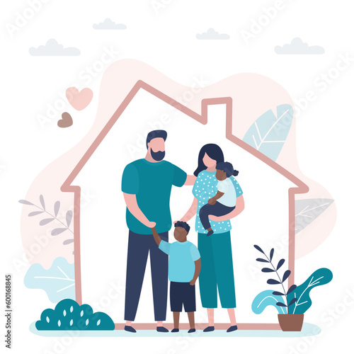 Multicultural family in house. Parents with two children. Happy multi ethnic family. Parents love. Traditional family, child care. Adopted children find family. Love couple with adopted kids.
