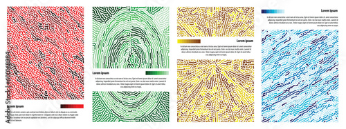 Abstract multicolour pattern thrre styles of reaction biology diffusion turing on white background poster cover design. Vector illustration.  