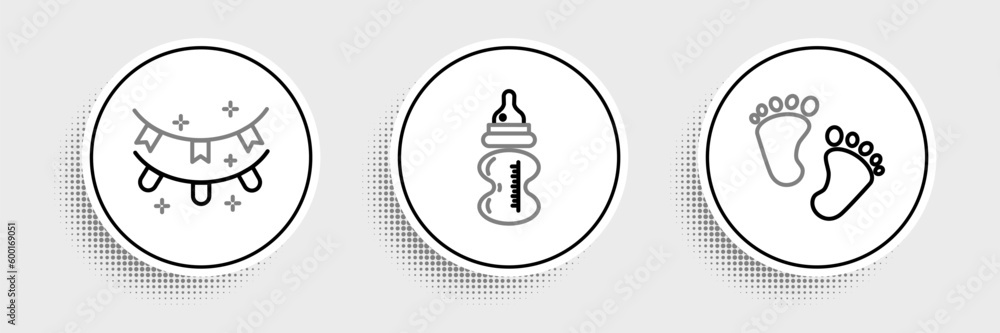 Set line Baby footprints, Carnival garland with flags and bottle icon. Vector Set line Baby footprints, Carnival garland with flags and bottle icon. Vector