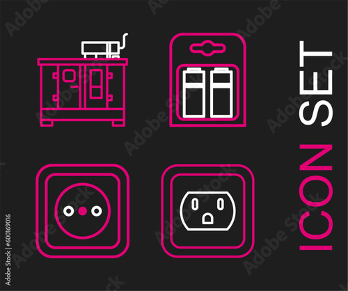 Set line Electrical outlet in the USA, Battery pack and Diesel power generator icon. Vector