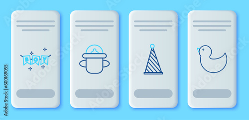 Set line Baby bottle, Party hat, Carnival garland with flags and Rubber duck icon. Vector