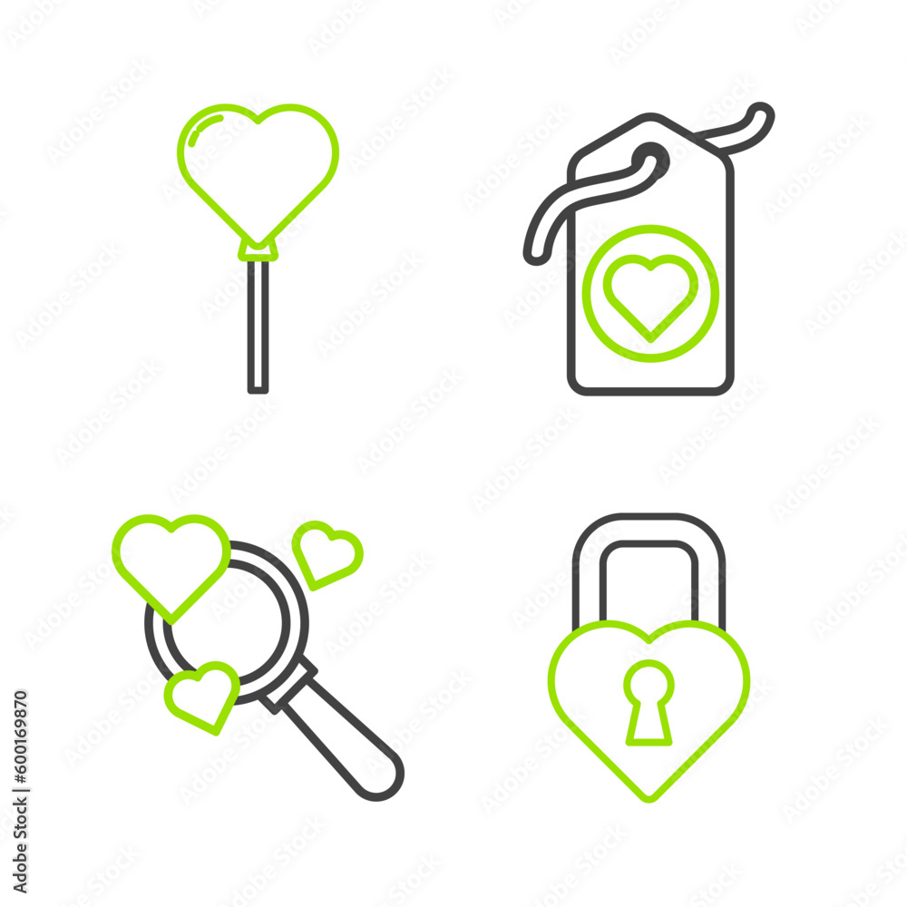 Set line Castle in the shape of a heart, Search and love, Heart tag and Balloons form icon. Vector Set line Castle in the shape of a heart, Search and love, Heart tag and Balloons form icon. Vector
