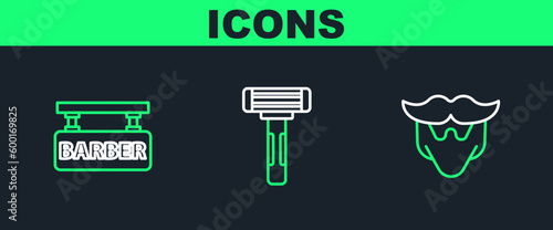 Set line Mustache and beard, Barbershop and Shaving razor icon. Vector