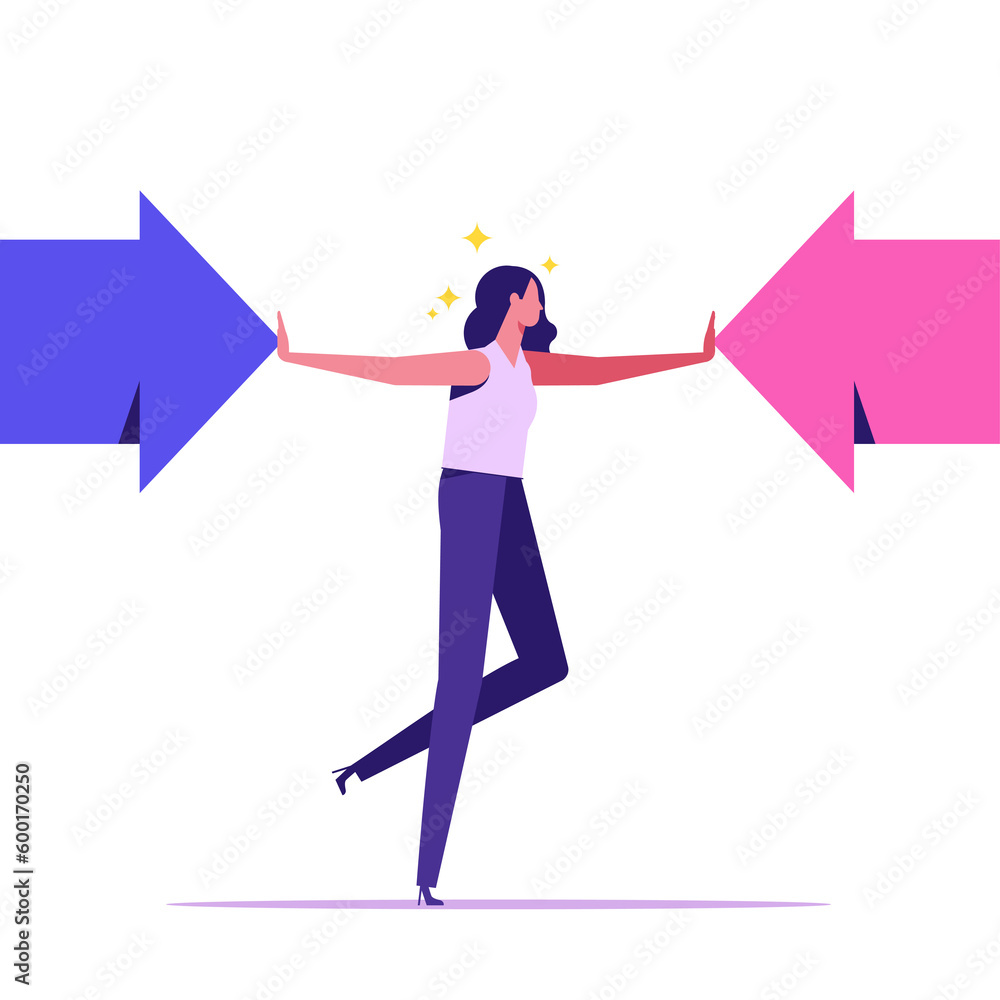 Stop conflict. Businesswoman referee finds compromise. Mediator solving competition. Conflict and solution. Woman stop conflict or stop fighting Stop conflict. Businesswoman referee finds compromise. Mediator solving competition. Conflict and solution. Woman stop conflict or stop fighting