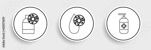 Set line Bottle of liquid antibacterial soap, with virus and Blood test and icon. Vector