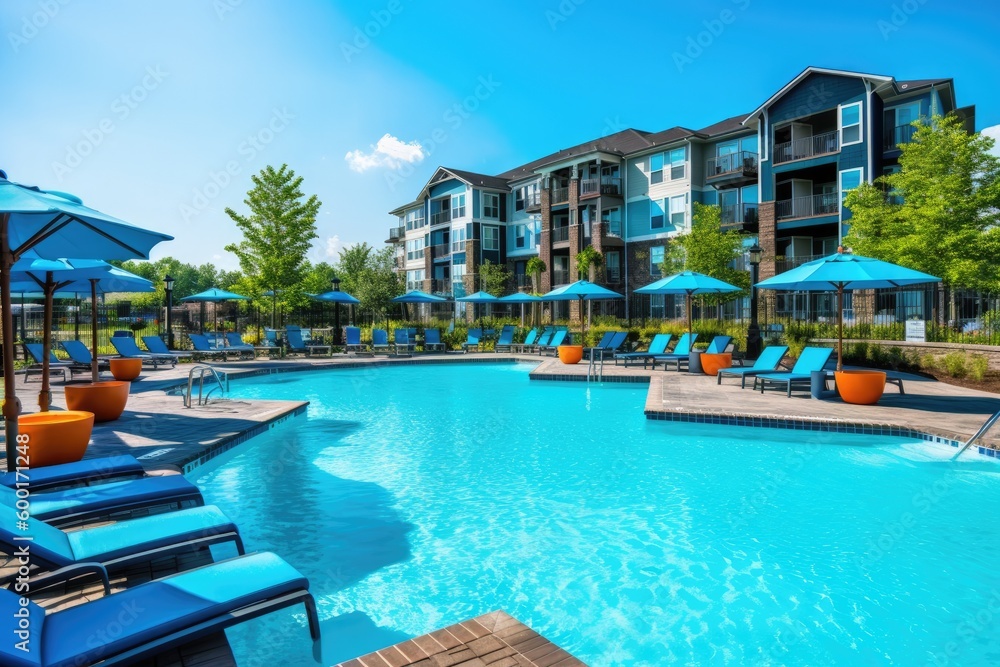 Sparkling blue swimming pool, featuring crystal-clear water and a spacious deck area with lounges and umbrellas, perfect for enjoying the summer sun - Generative AI