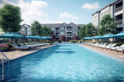 Sparkling blue swimming pool  featuring crystal-clear water and a spacious deck area with lounges and umbrellas  perfect for enjoying the summer sun - Generative AI