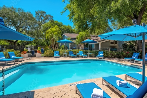 Sparkling blue swimming pool  featuring crystal-clear water and a spacious deck area with lounges and umbrellas  perfect for enjoying the summer sun - Generative AI