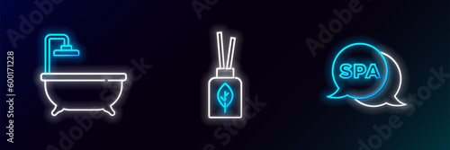 Set line Spa salon, Bathtub and Aroma diffuser icon. Glowing neon. Vector