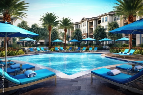Sparkling blue swimming pool, featuring crystal-clear water and a spacious deck area with lounges and umbrellas, perfect for enjoying the summer sun - Generative AI © Hanjin