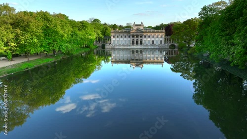 Aerial view of Lazienki Park in Warsaw, Poland on a sunny afternoon.
Royal Palace on the Isle - known as Baths Palace - divides the lake into two parts, a smaller northern lake and a larger southern. photo