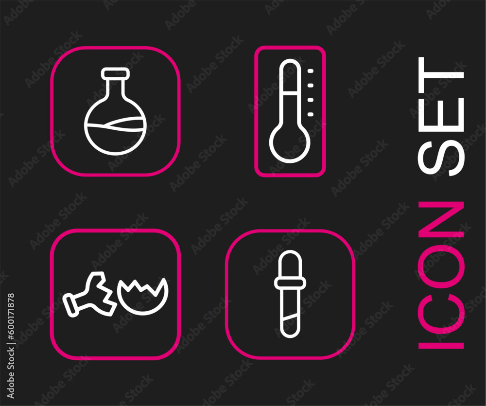 Set line Pipette, Broken flask, Medical thermometer and Test tube and icon. Vector Set line Pipette, Broken flask, Medical thermometer and Test tube and icon. Vector