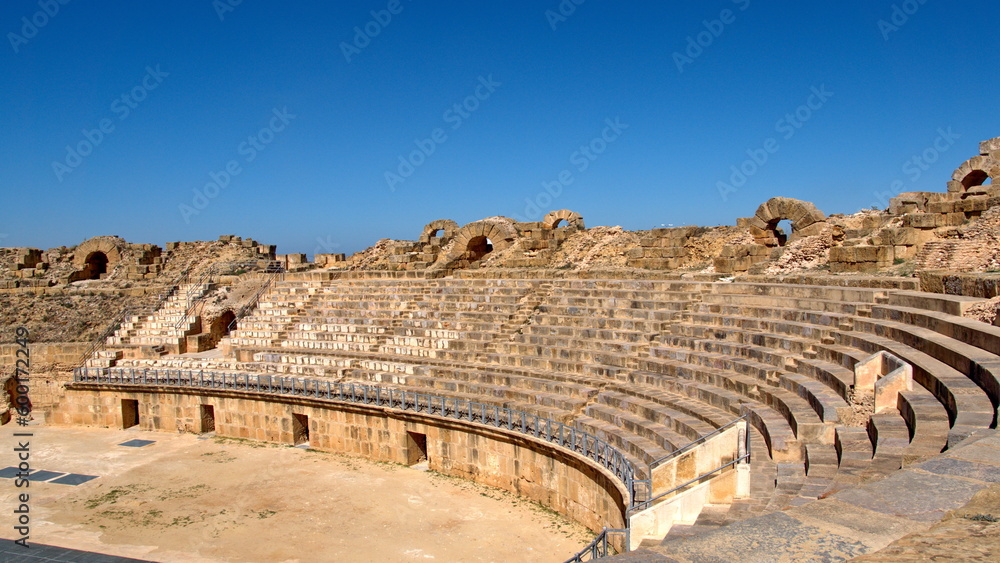 Stadium style seating in the amphitheater in the Roman ruins at Uthina, outside of Tunis, Tunisia