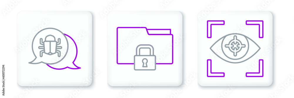 Set line Eye scan, System bug and Folder and lock icon. Vector Set line Eye scan, System bug and Folder and lock icon. Vector