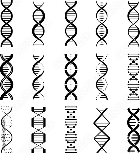 Dna gene icons set. Scientific genes spiral pictograms, isolated helix genetic symbols. Biological medical elements, decent vector research branding