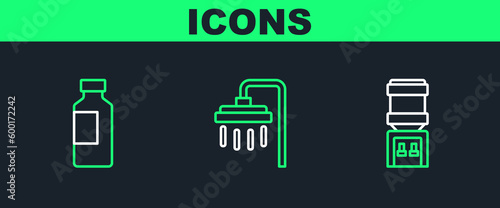 Set line Water cooler, Bottle of water and Shower icon. Vector