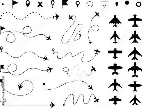 Black aircraft routes and plane silhouettes. Isolated airplanes, dotted path plan and destination pins. Flight icons, travel, tourism decent vector graphic