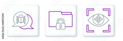 Set line Eye scan, System bug and Folder and lock icon. Vector